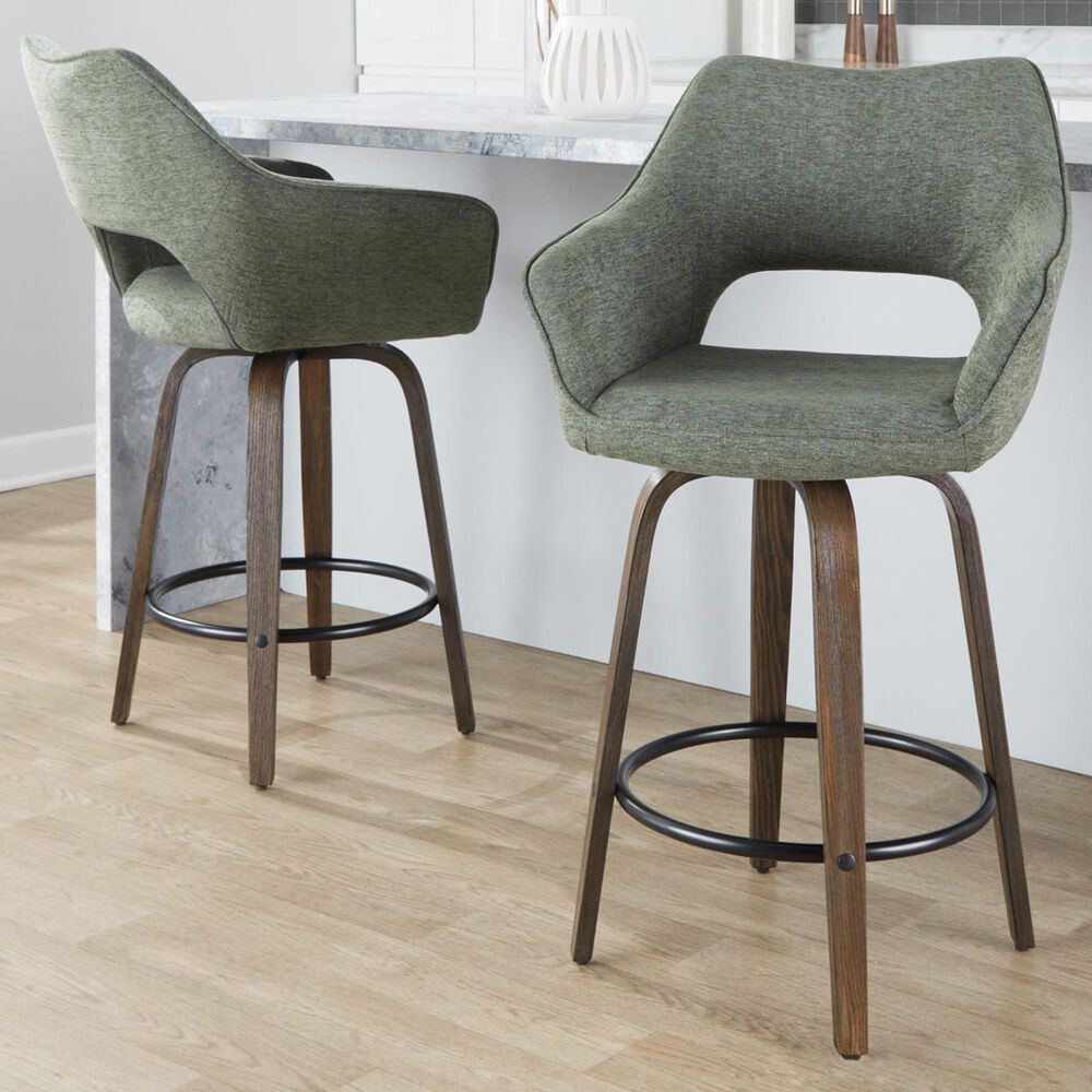 LumiSource Mustang 26" Swivel Counter Stool with Green Fabric Upholstery in Glazed Walnut and Black (Set of 2), , large