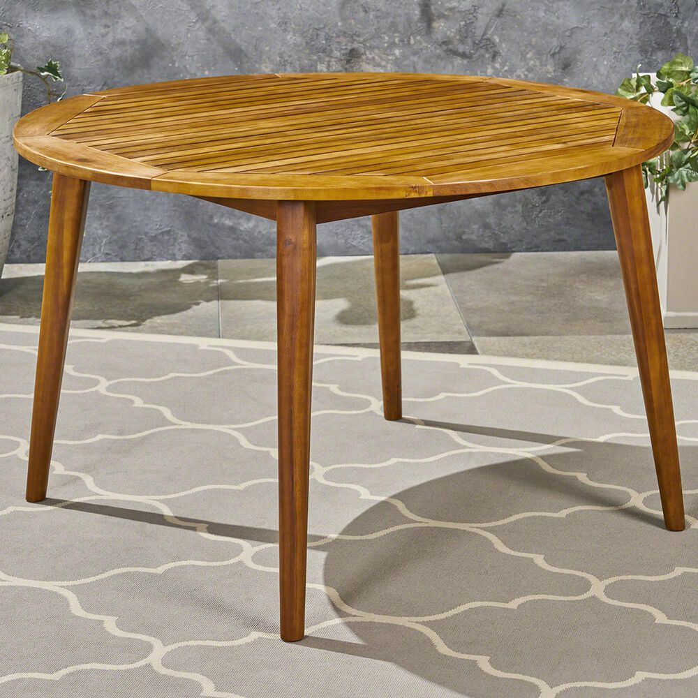Hearth and Haven Outdoor Wooden Dining Table with Straight Leg and Round Tabletop in Teak, , large