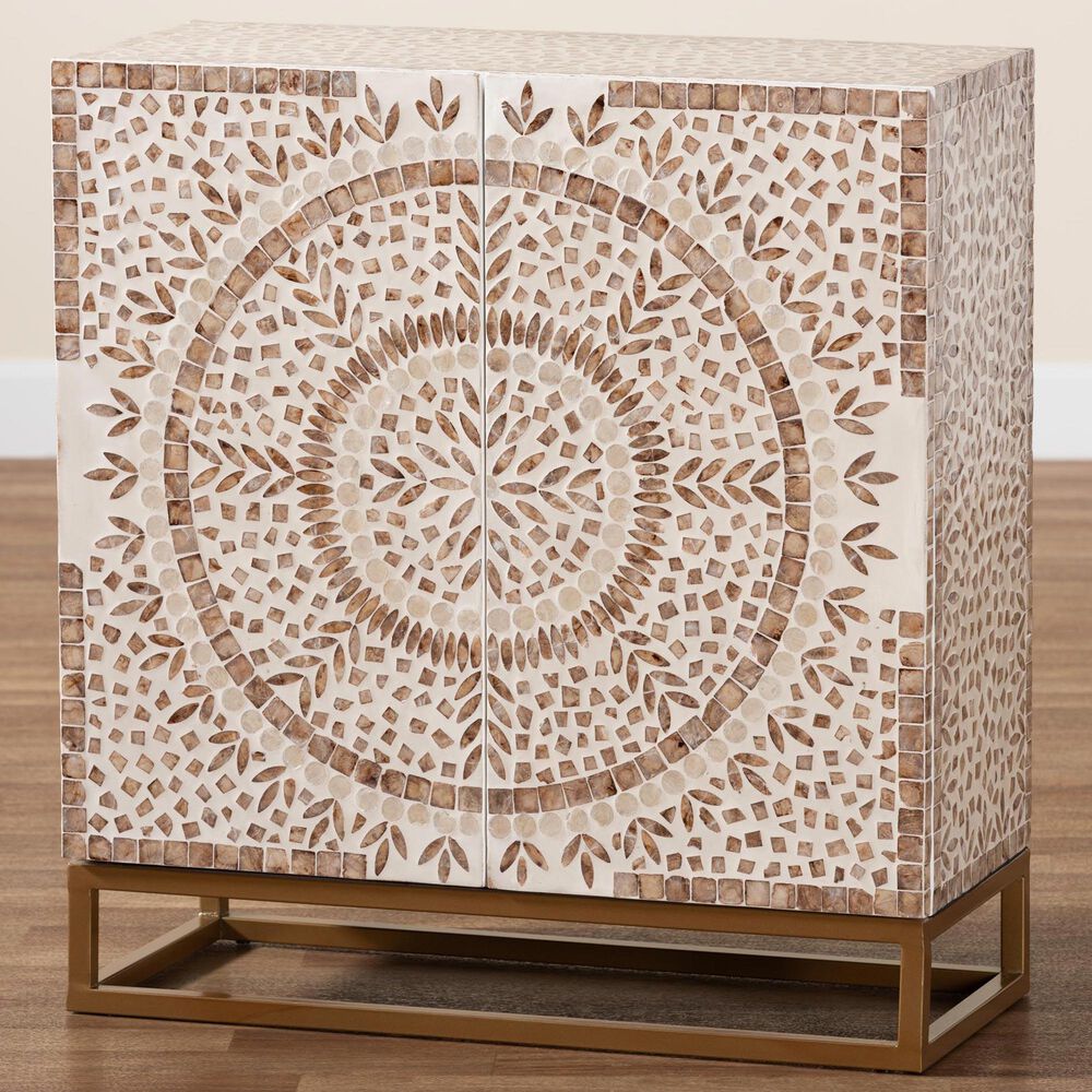 Baxton Studio Ercilia Storage Cabinet in White, Rustic Brown and Gold, , large