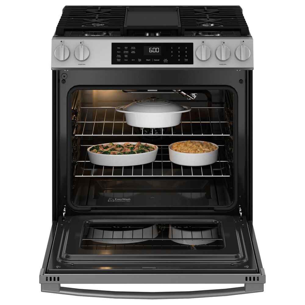 GE Appliances 2-Piece Kitchen Package with 5.3 Cu. Ft. Slide-In Gas Range and 1.9 Cu. Ft. Over-The-Range Microwave in Stainless Steel and Black, , large