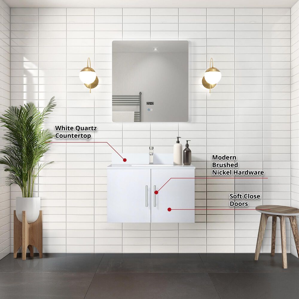 Lexora Home Geneva 30&quot; Single Bathroom Vanity in Glossy White with 2 cm White Quartz Top and Rectangular Sink, , large