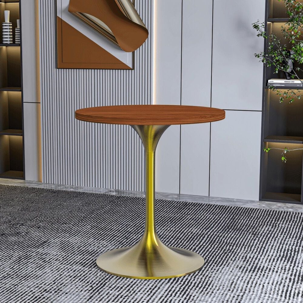 Leisuremod LeisureMod Verve Collection 27 Round Dining Table, Brushed Gold Base with Cognac Brown MDF Top, , large