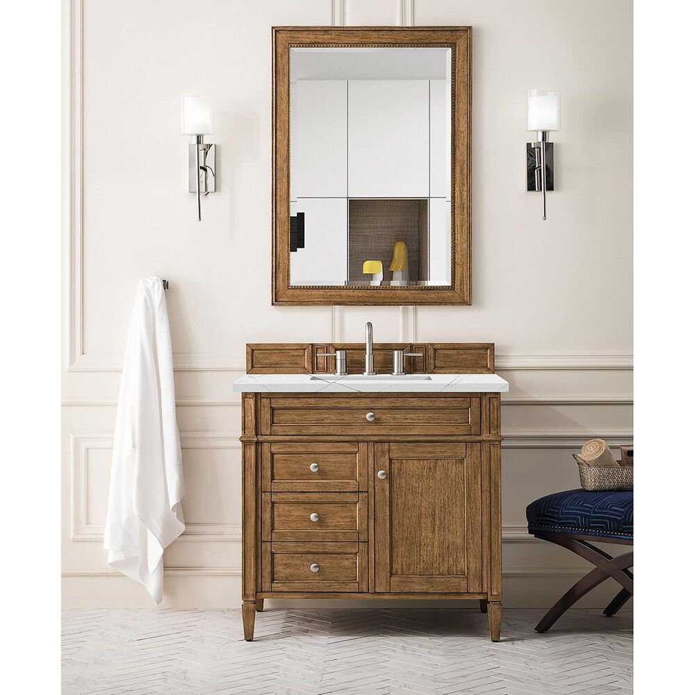James Martin Vanities Brittany 36&quot; Single Bathroom Vanity in Saddle Brown with 3 cm Ethereal Noctis Quartz Top and Rectangular Sink, , large