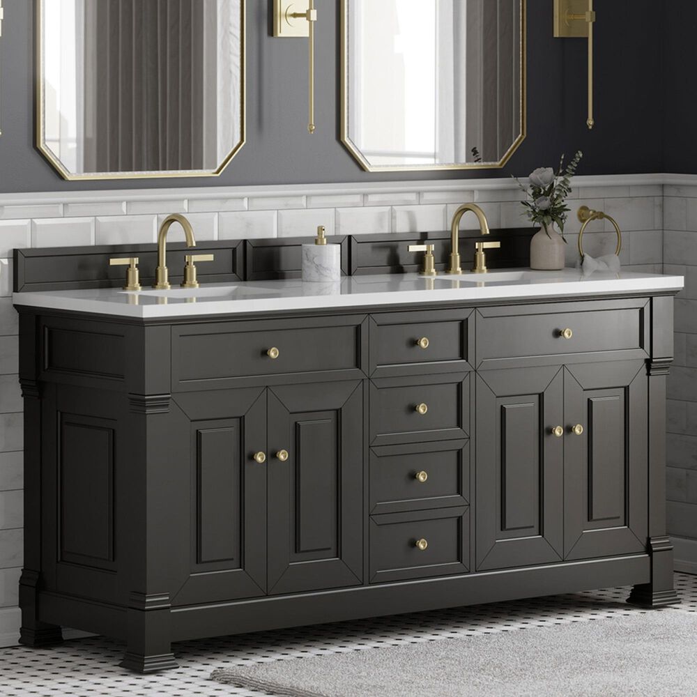 James Martin Vanities Brookfield 72&quot; Double Bathroom Vanity in Black Onyx with 3cm White Zeus Quartz Top and Rectangular Sinks, , large