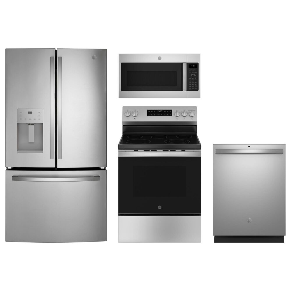 GE Appliances 4-Piece Kitchen Package with 25.7 Cu. Ft. French Door Refrigerator and 5.3 Cu. Ft. 5-Element Freestanding Electric Range in Stainless Steel, , large