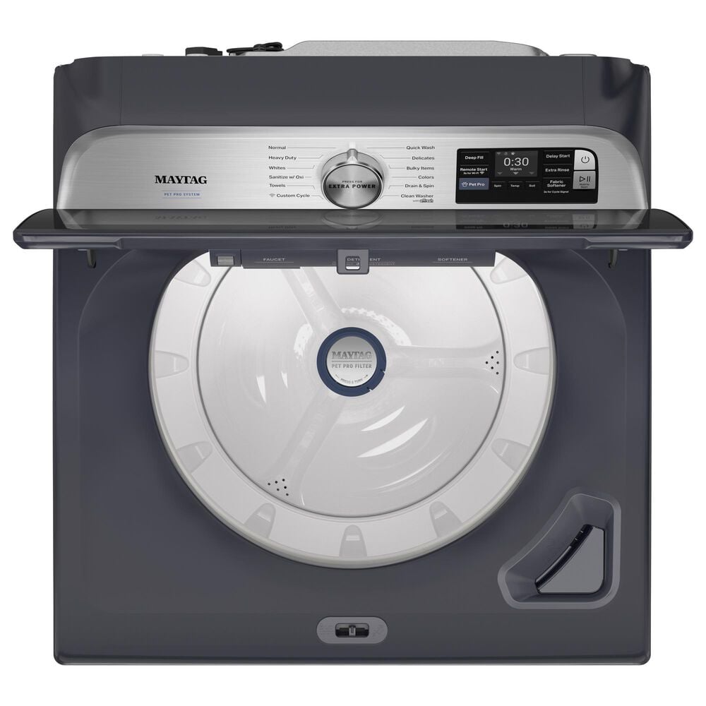 Maytag 5.3 Cu. Ft. Smart Pet Pro Top Load Impeller Washer and 7.4 Cu. Ft. Electric Smart Top Load Dryer Laundry Pair in Midnight Steel, , large