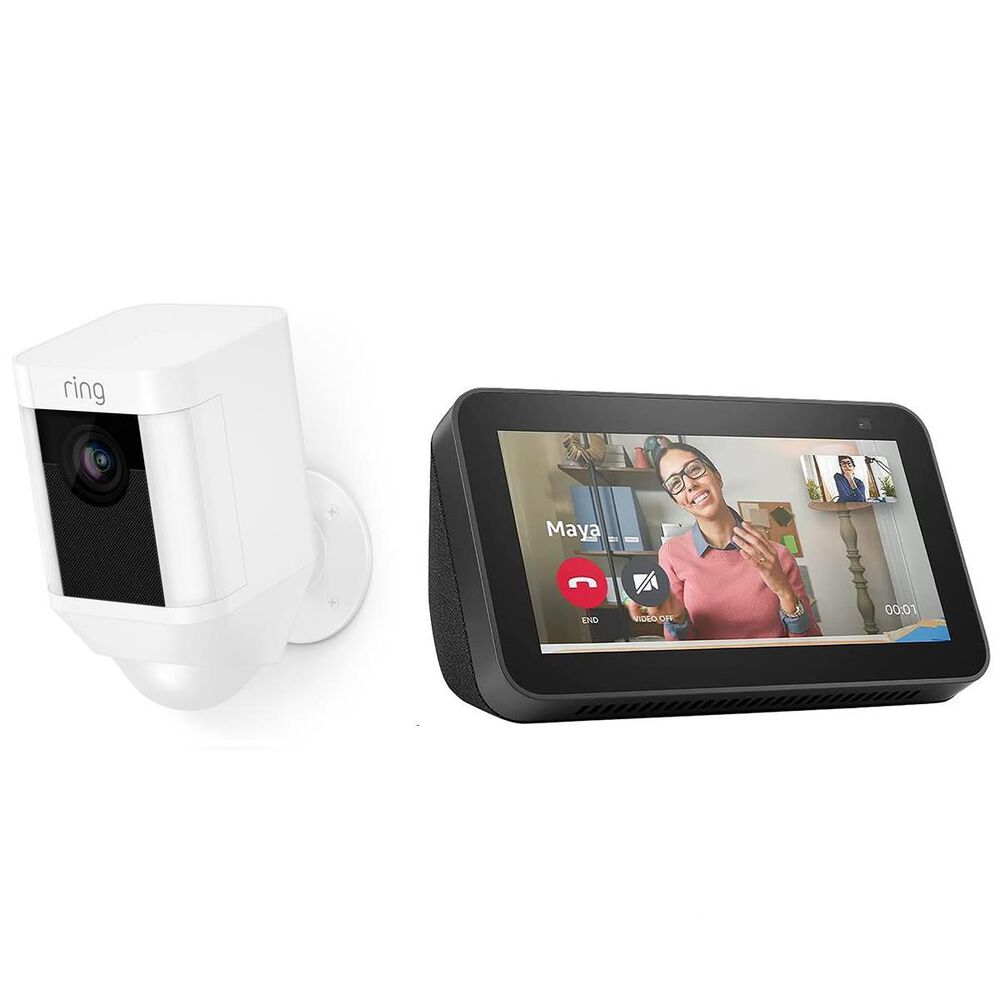 Ring Spotlight Cam Battery Powered in White + Amazon Echo Show 5 Smart Display with Alexa in Charcoal, , large