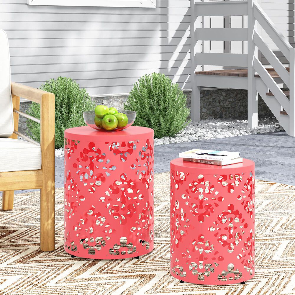 Hearth and Haven Outdoor End Table with Floral Pattern in Coral (Set of 2), , large