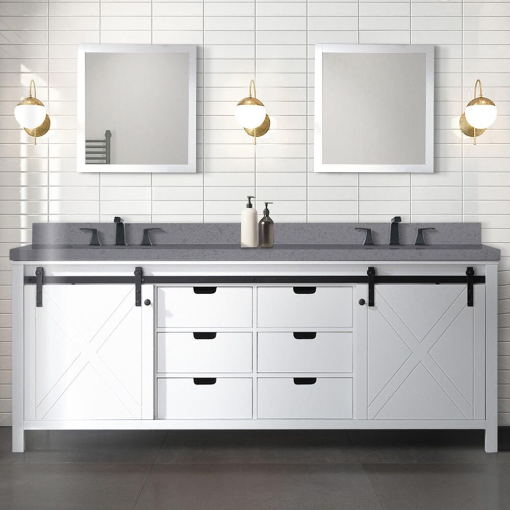 Lexora Home Marsyas 84&quot; Double Bathroom Vanity in White with Grey Quartz Top and Rectangular Sinks, , large