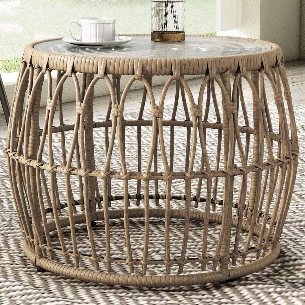 Furniture of America Serene Glass Top Round Patio Coffee Table in Natural, , large