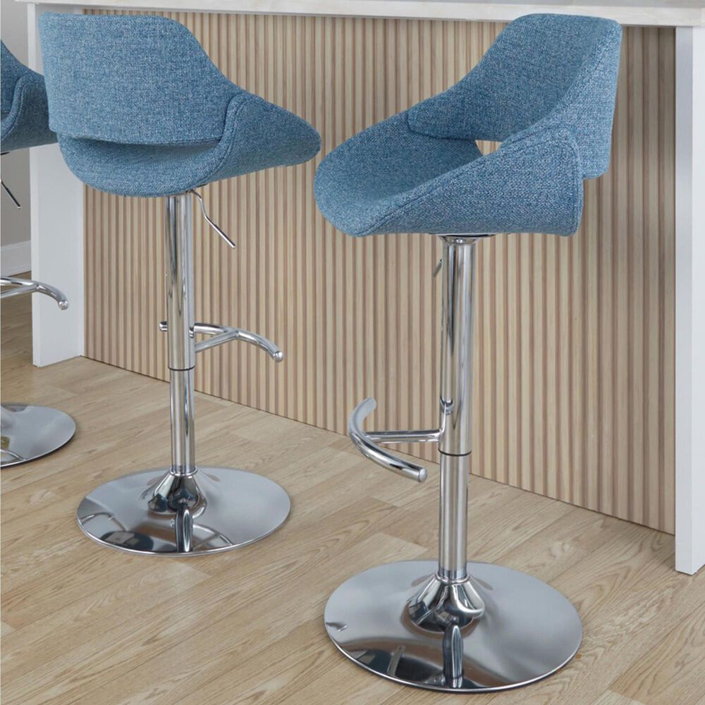 LumiSource Fabrico Swivel Adjustable Bar Stool with Blue Noise Fabric Upholstery and Rounded T Footrest in Chrome (Set of 2), , large
