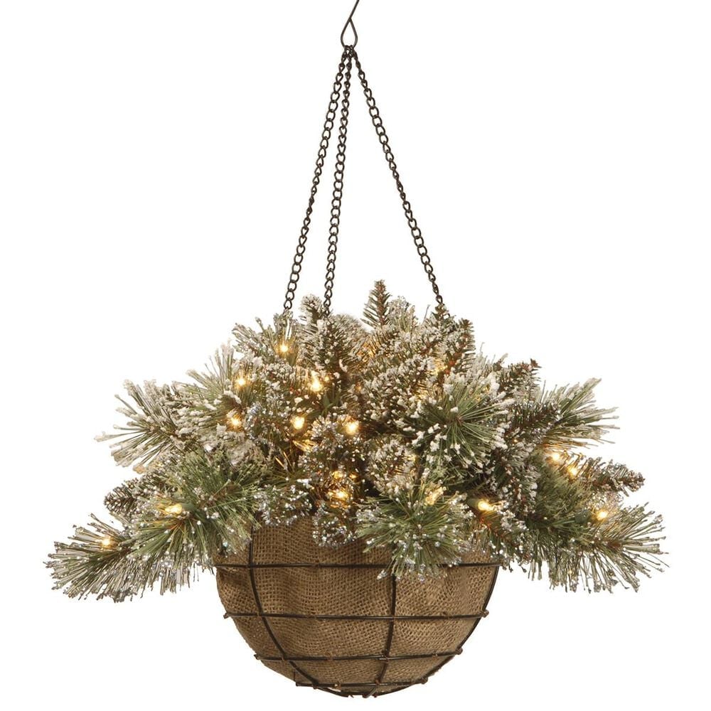 National Tree 20" Glittery Bristle Pine Hanging Basket with Battery Operated Warm White LED Lights, , large