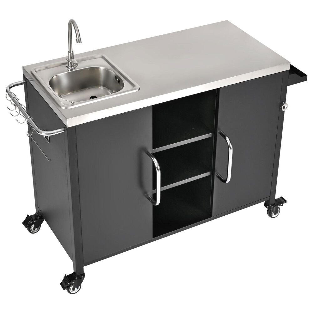 HOMLUX 55.5" Outdoor Kitchen Island with Sink in Black and Stainless Steel, , large