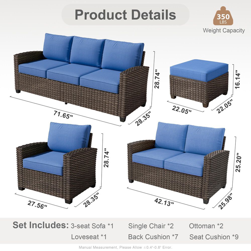 HOMLUX 6-Piece Patio Conversation Set with Loveseat and Light Brown Wicker in Navy Blue, , large