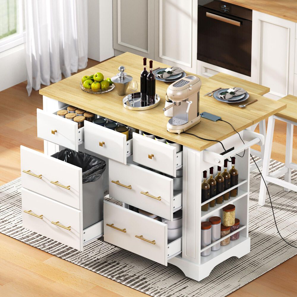 HOMLUX 51" Kitchen Island with Pull Out Trash Can Storage in White, , large