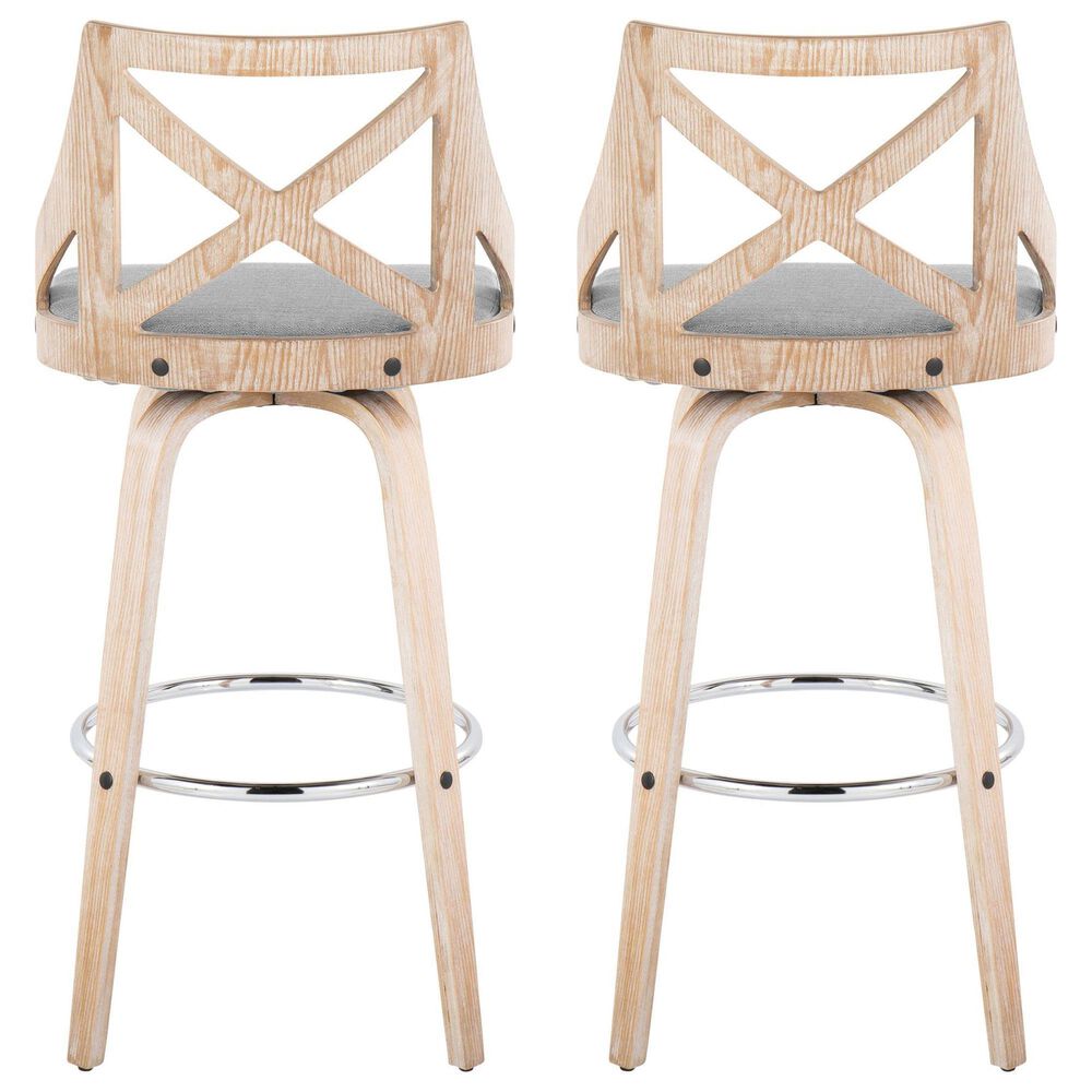 LumiSource Charlotte Swivel Bar Stool with Light Grey Fabric Upholstery in Whitewashed and Chrome (Set of 2), , large