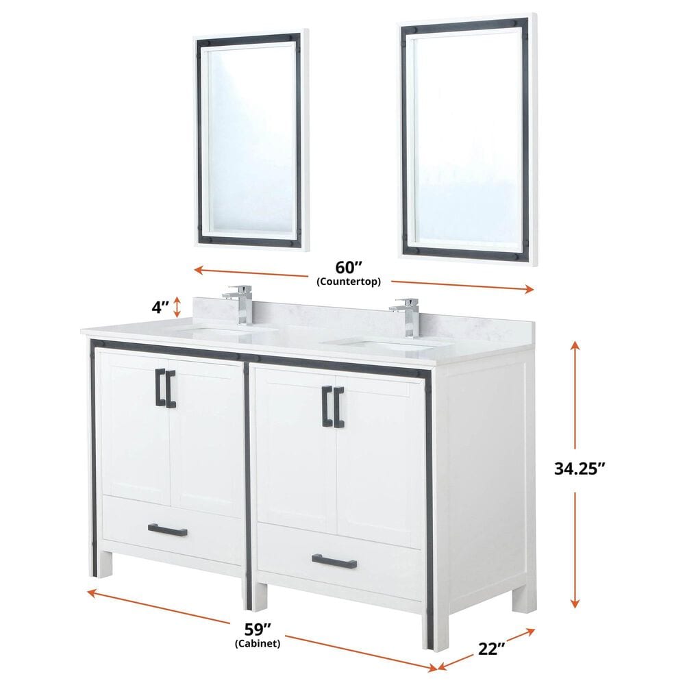 Lexora Home Ziva 60&quot; Double Bathroom Vanity in White with 2 cm White Quartz Top and Rectangular Sinks, , large
