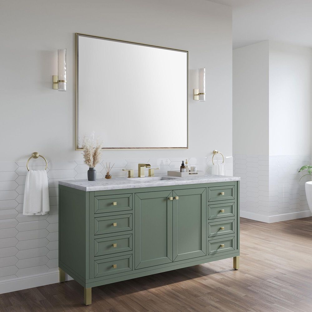 James Martin Vanities Chicago 60&quot; Single Bathroom Vanity in Smokey Celadon with 3 cm Carrara White Marble Top and Rectangular Sink, , large