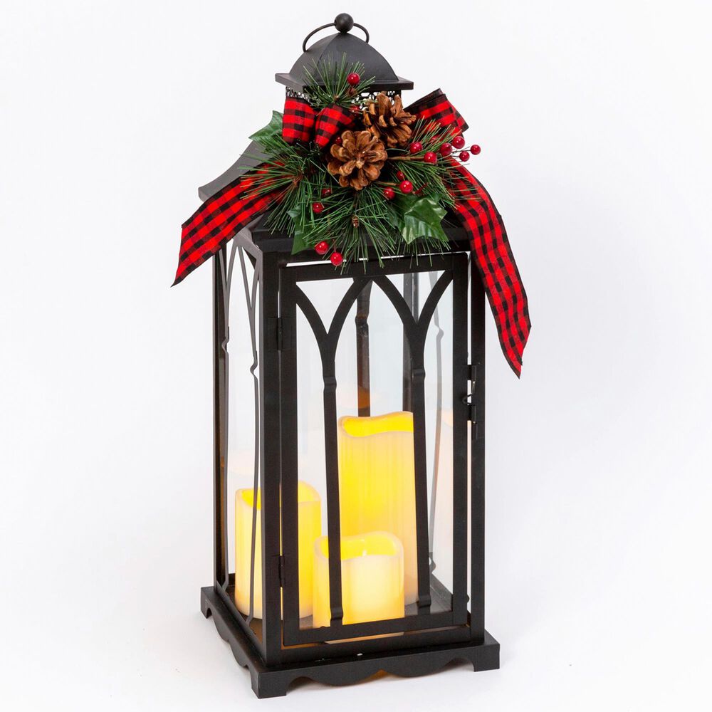 The Gerson Company 21" Holiday Lantern with 3 LED Candles and Floral Accent in Black, , large