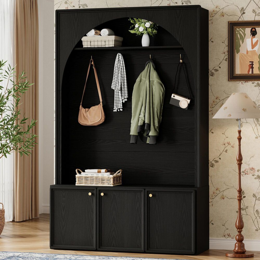 HOMLUX 4-Hook Hall Tree with Entryway Storage Bench in Black, , large