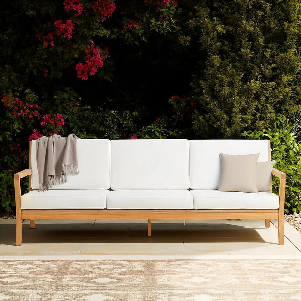 Linon Home Decor Carenen Outdoor 3-Seat Sofa with White Cushions in Natural, , large