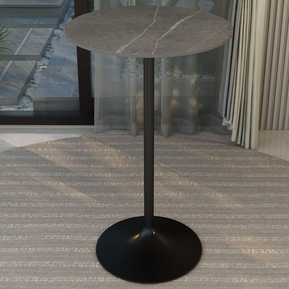 Leisuremod LeisureMod Verve Collection Modern Bar Height Table Black Base with 27 Round Marble Grey Sintered Stone Top, , large