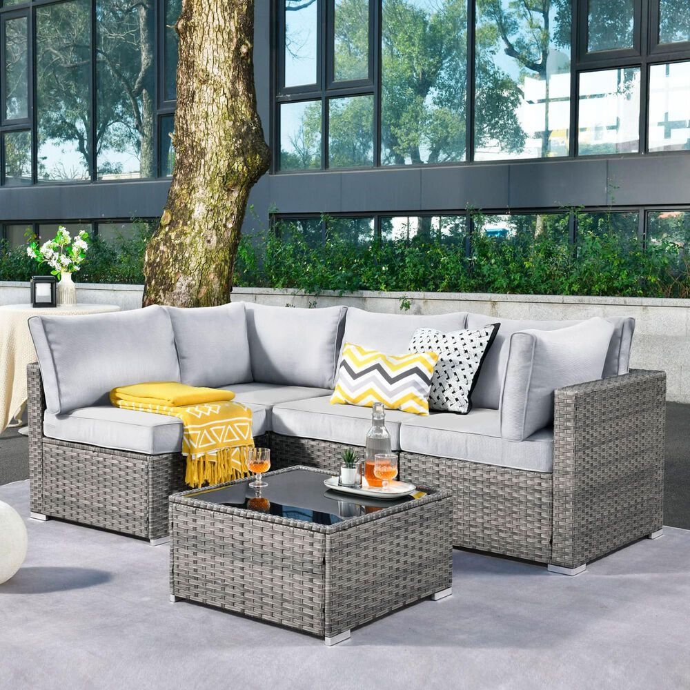 HOMLUX 5-Piece Patio Conversation Set with Grey Wicker in Gray, , large