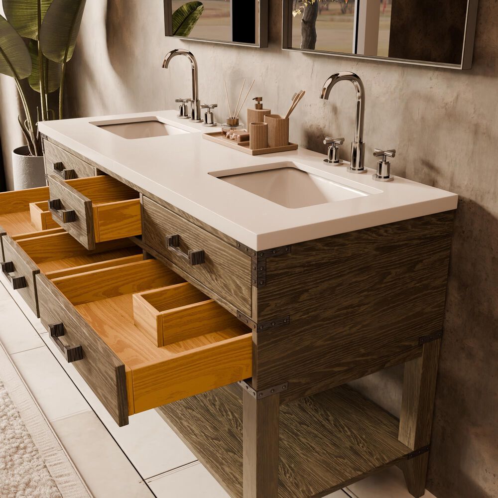 Lexora Home Norwalk 60" Double Bathroom Vanity in Grey Oak with White Quartz Top and Rectangular Sinks, , large