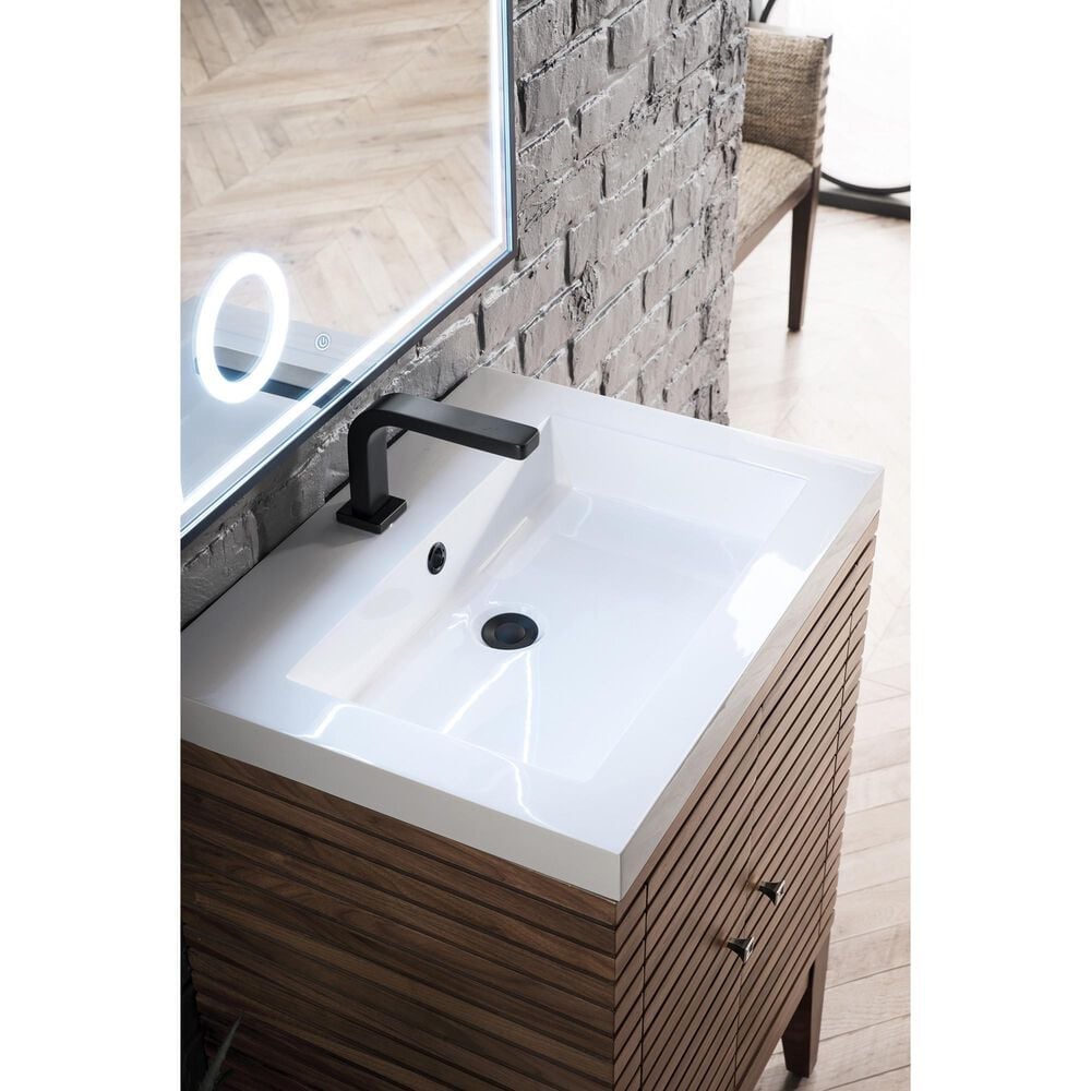 James Martin Vanities Linden 24&quot; Single Bathroom Vanity in Mid Century Walnut with 5 cm White Glossy Resin Top and Rectangular Sink, , large