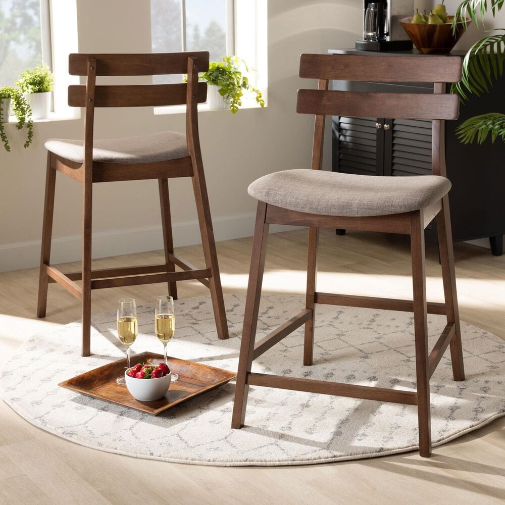 Baxton Studio Larine Counter Stool with Light Grey Cushion in Walnut (Set of 2), , large
