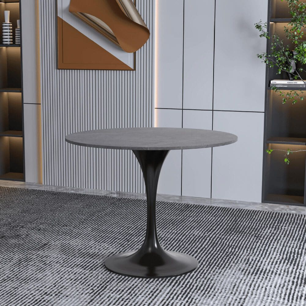 Leisuremod LeisureMod Verve Collection 36 Round Dining Table, Black Base with Sintered Stone Grey Top, , large