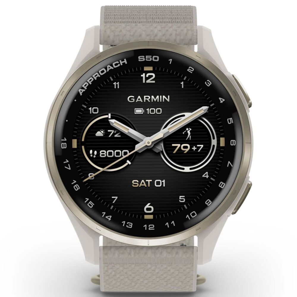 Garmin Approach S50 43mm Golf and Fitness Smartwatch Cream Gold Aluminum Bezel Case with Ivory Nylon Band, , large