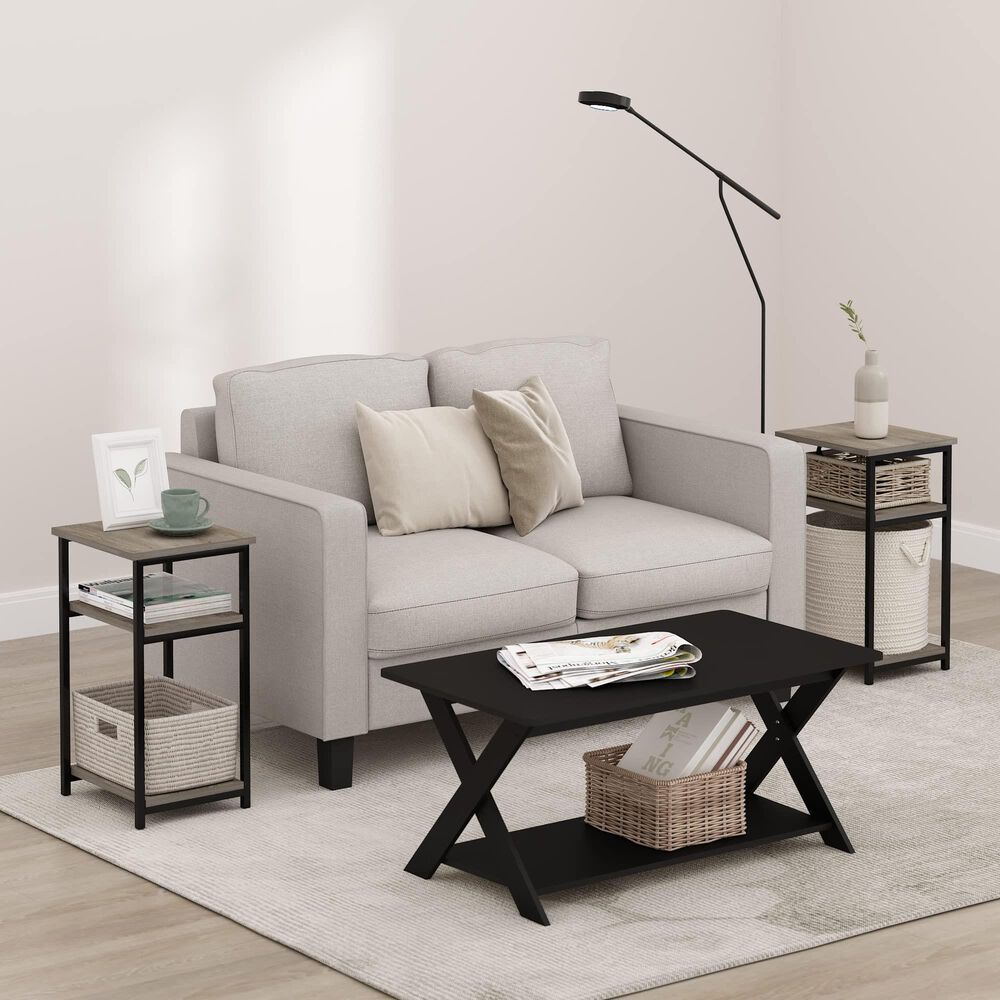 HOMLUX 3-Tier Metal Frame End Table with Storage Shelves in French Oak Grey and Black (Set of 2), , large