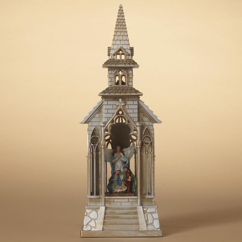 The Gerson Company 13.1&quot; Lighted Spinning Water Globe Church with Nativity Scene in Multicolor, , large
