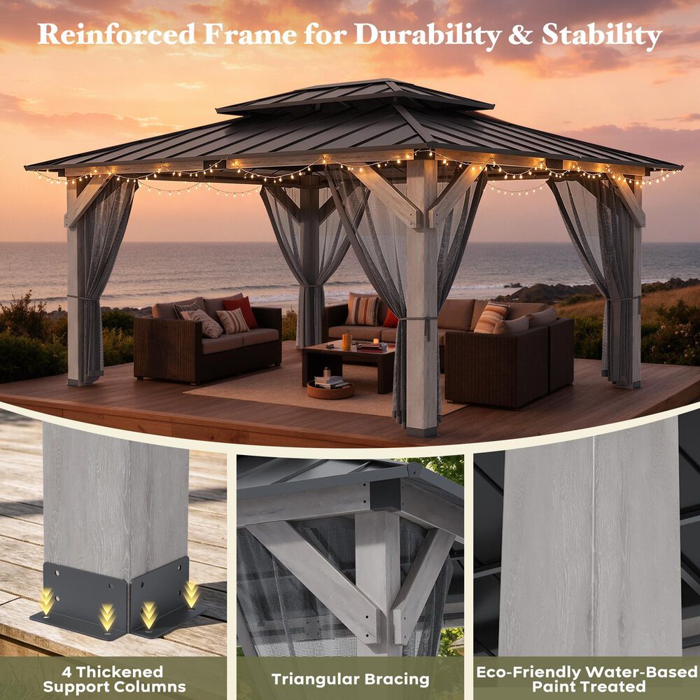 HOMLUX 12' x 16' Patio Hardtop Gazebo with Wood Posts in Light Gray, , large