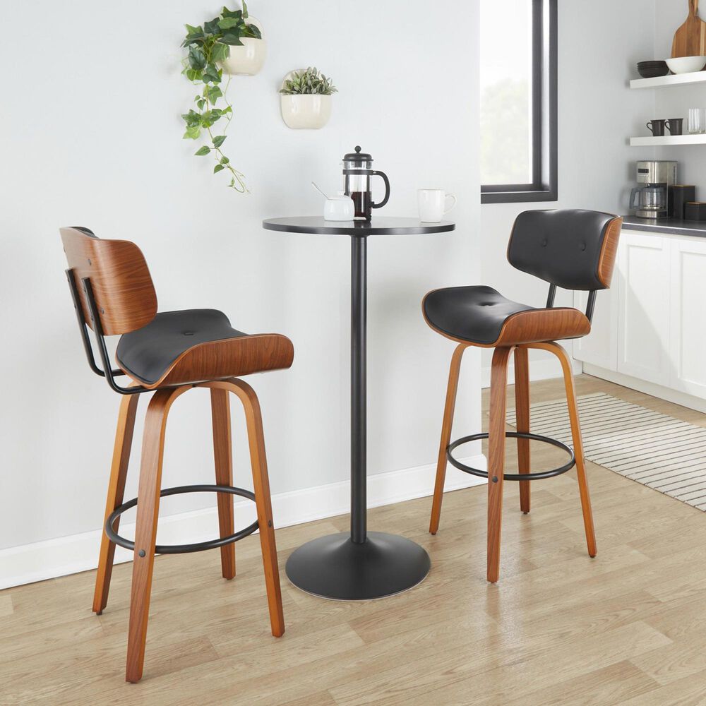 LumiSource Lombardi 30" Swivel Barstool with Black Faux Leather Upholstery in Walnut and Black (Set of 2), , large
