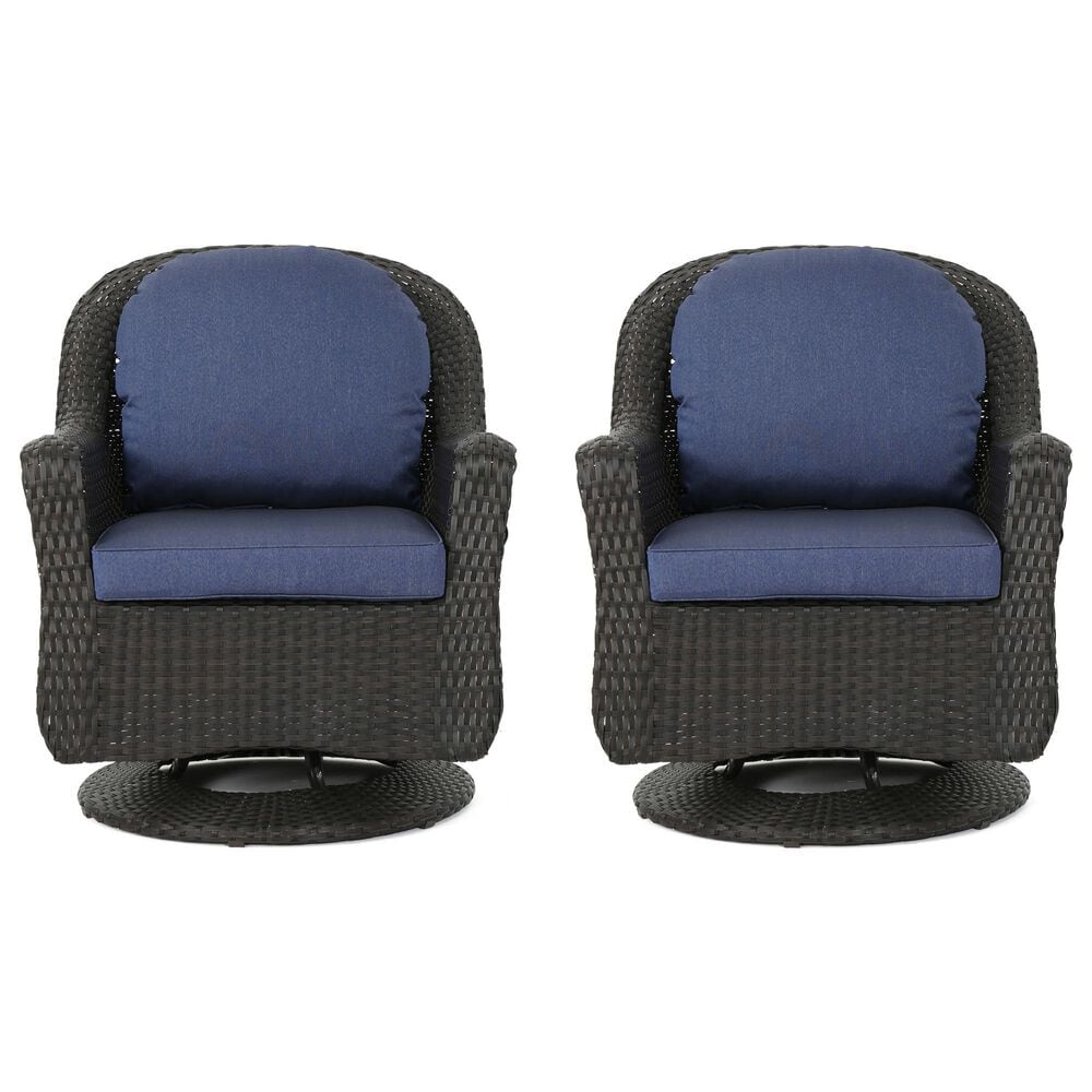 Hearth and Haven Liam Swivel Club Chair with Blue Cushion in Dark Brown &#40;Set of 2&#41;, , large