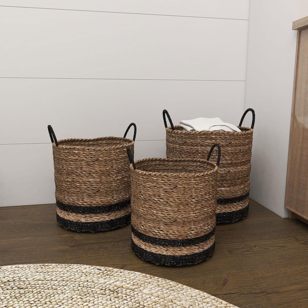 Maple and Jade Seagrass Storage Basket in Brown and Black &#40;Set of 3&#41;, , large