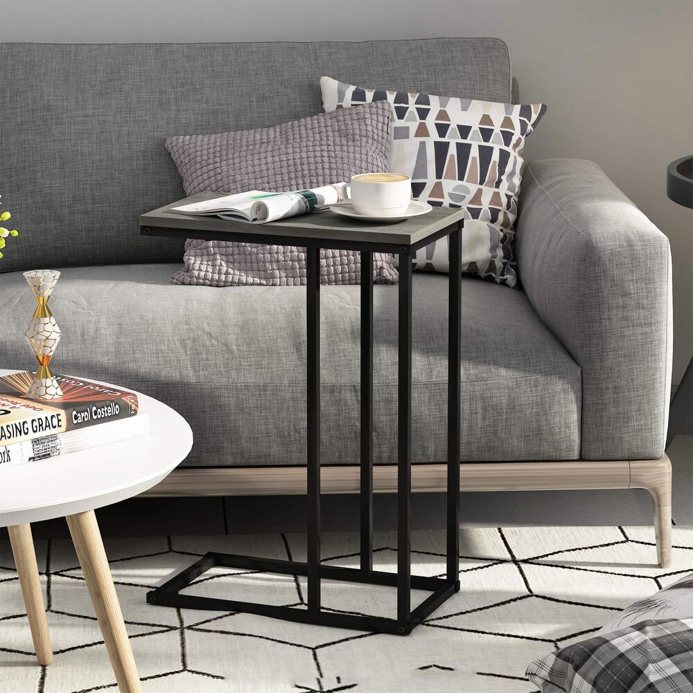 HOMLUX C Shaped Side Table in French Oak Grey and Black, , large