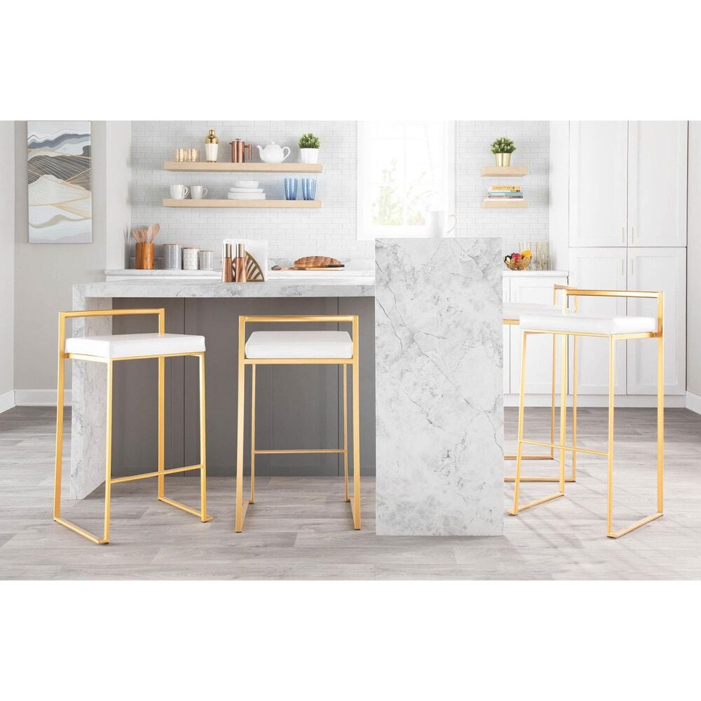 Lumisource Fuji Stackable Barstool with White Faux Leather in Gold &#40;Set of 2&#41;, , large