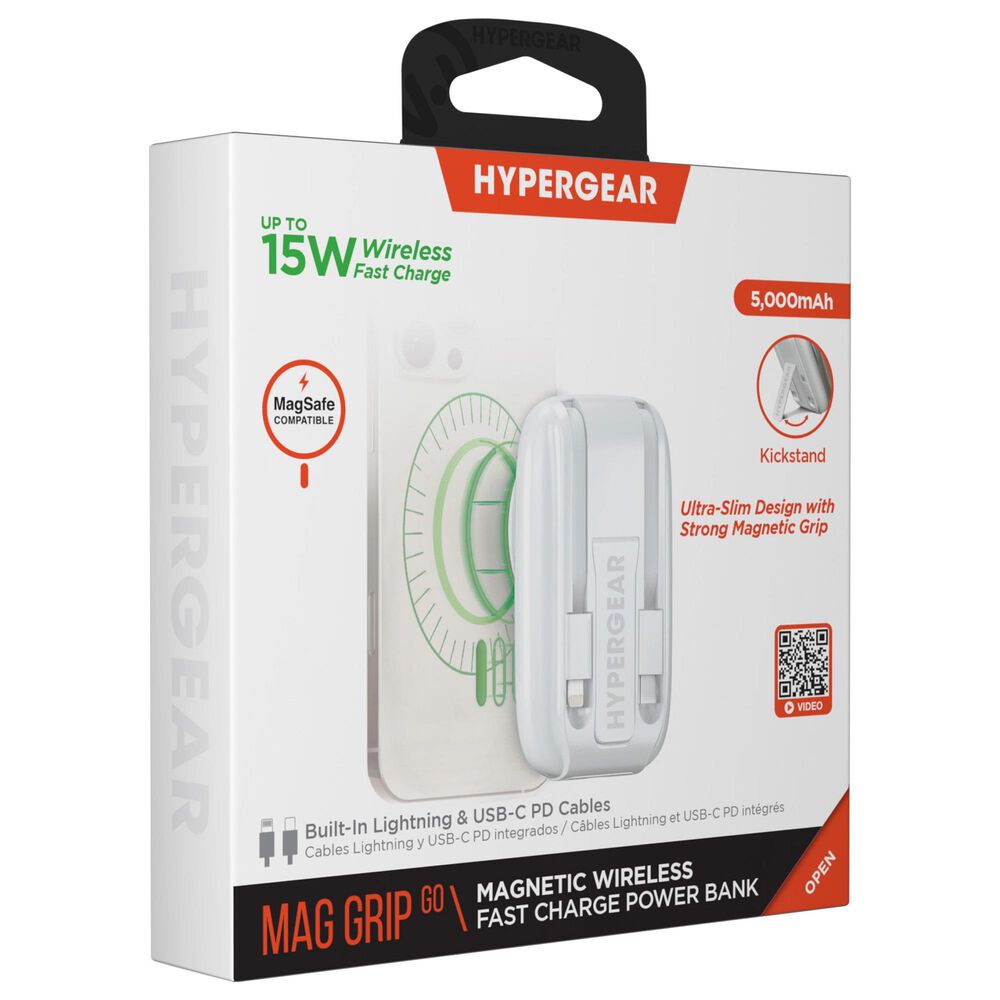 Hypercel Mag Grip Go 5000mAh Magnetic Wireless Fast Charge Power Bank in White, , large