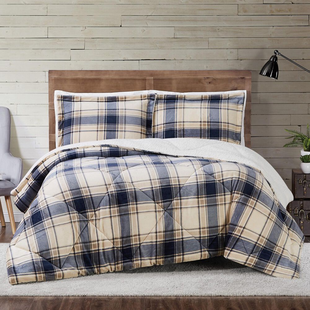 Pem America Truly Soft Cuddle Warmth 3-Piece Full/Queen Comforter Set in Blue and Cream Plaid, , large