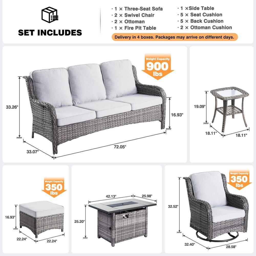 HOMLUX 7-Piece Patio Set with 42 Inch Fire Pit Table, Outdoor Wicker Sofa and Swivel Rocking Chairs, Grey Rattan in Gray, , large