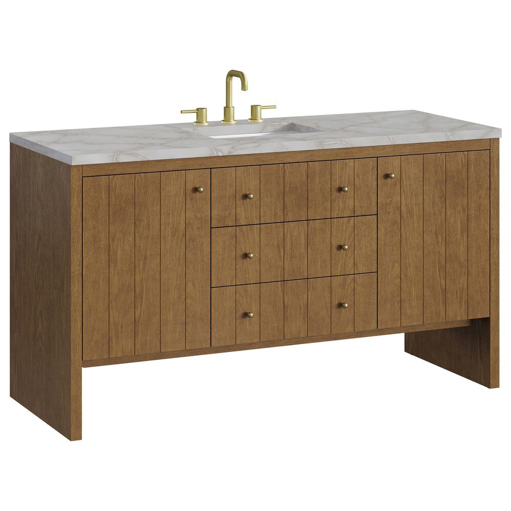 James Martin Hudson 60" Single Bathroom Vanity in Honey Oak with 3 cm Victorian Silver Silestone Top, Rectangular Sink and FreePower Wireless Charger, , large
