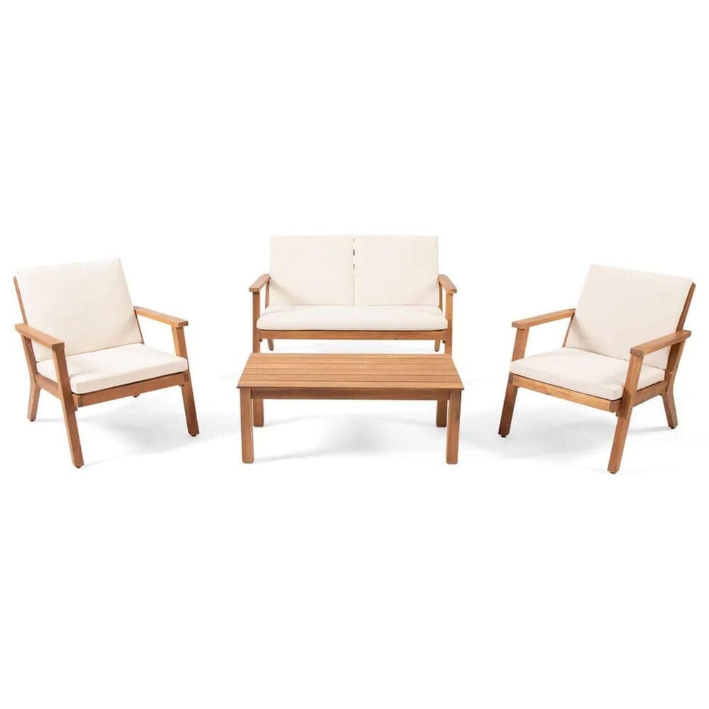 Hearth and Haven Temecula 4-Piece Outdoor Chat Set with Natural Rectangular Coffee Table in Cream, , large