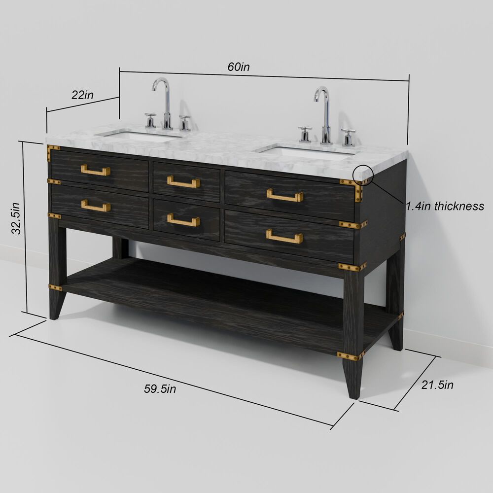 Lexora Home Norwalk 60&quot; Double Bathroom Vanity in Black Oak with White Carrara Marble Top and Rectangular Sinks, , large
