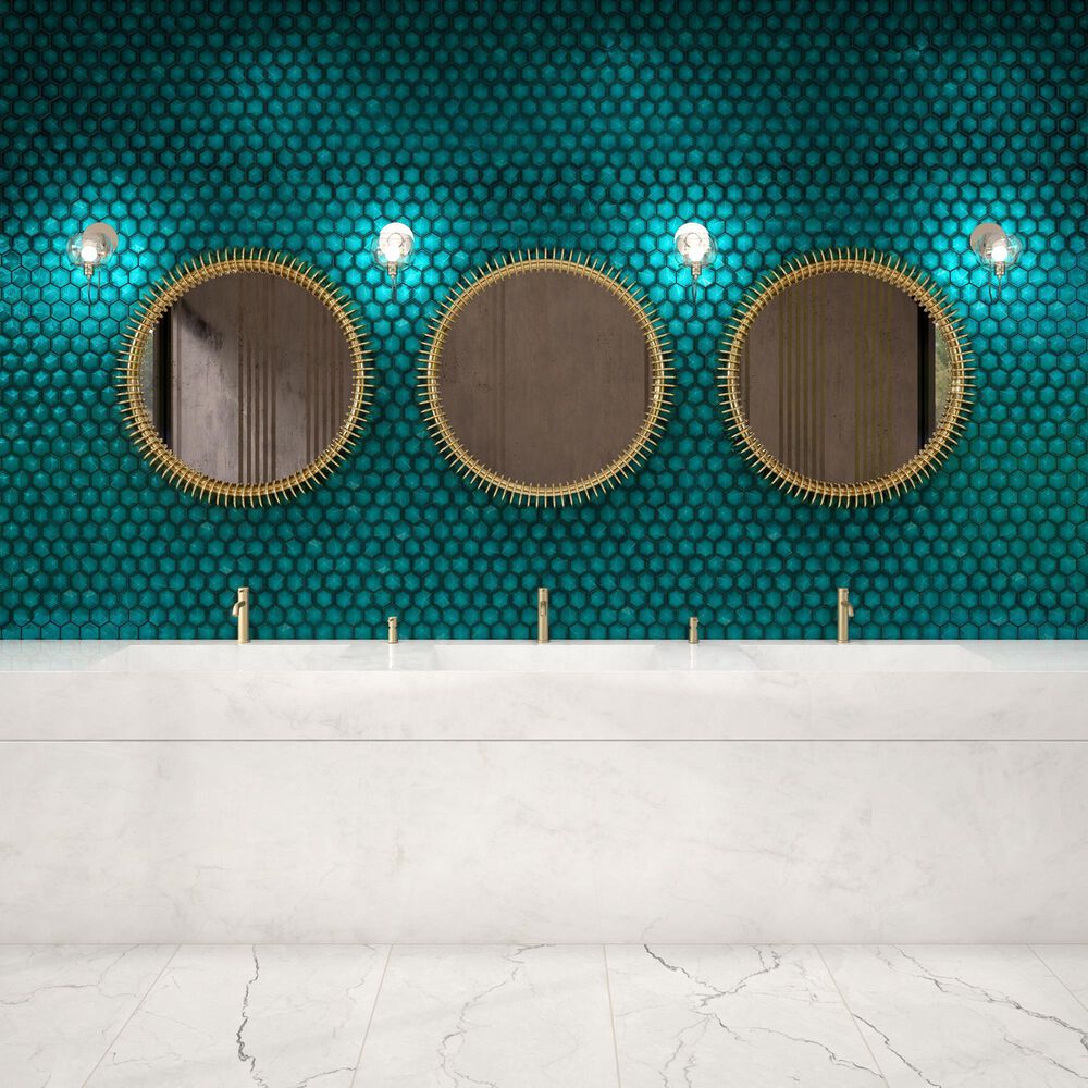 Dal-Tile Artefino Jewel Aquamarine 3" Pyramid Hexagon Apex on 11" x 12" Porcelain Mosaic Sheet, , large