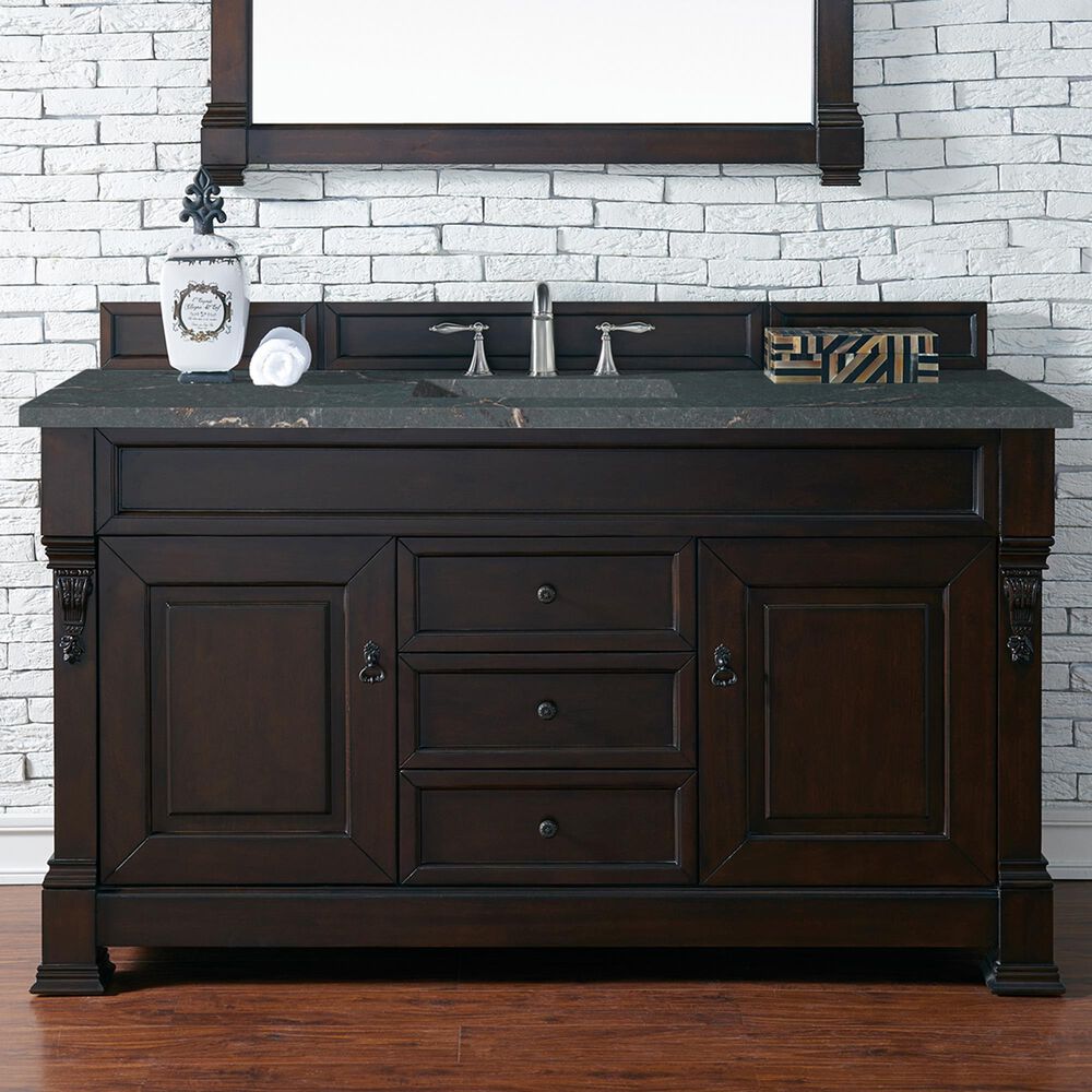 James Martin Vanities Brookfield 60&quot; Single Bathroom Vanity in Burnished Mahogany with 3 cm Parisien Bleu Quartz Top and Rectangular Sink, , large