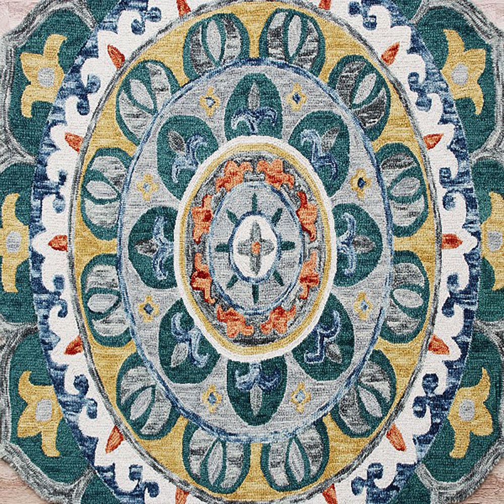 L&amp;R Resources Sinuous Radiant Mandala Medallion 4&#39; Scalloped Teal, Yellow, White and Orange Area Rug, , large