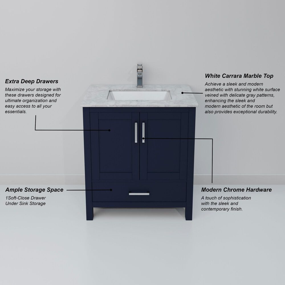 Lexora Home Jacques 30&quot; Single Bathroom Vanity in Navy Blue with 2 cm White Carrara Marble Top and Rectangular Sink, , large